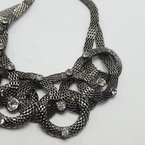 Vintage Mesh Chain Bib Necklace With Rhinestones Lobster Clasp - Picture 2 of 6